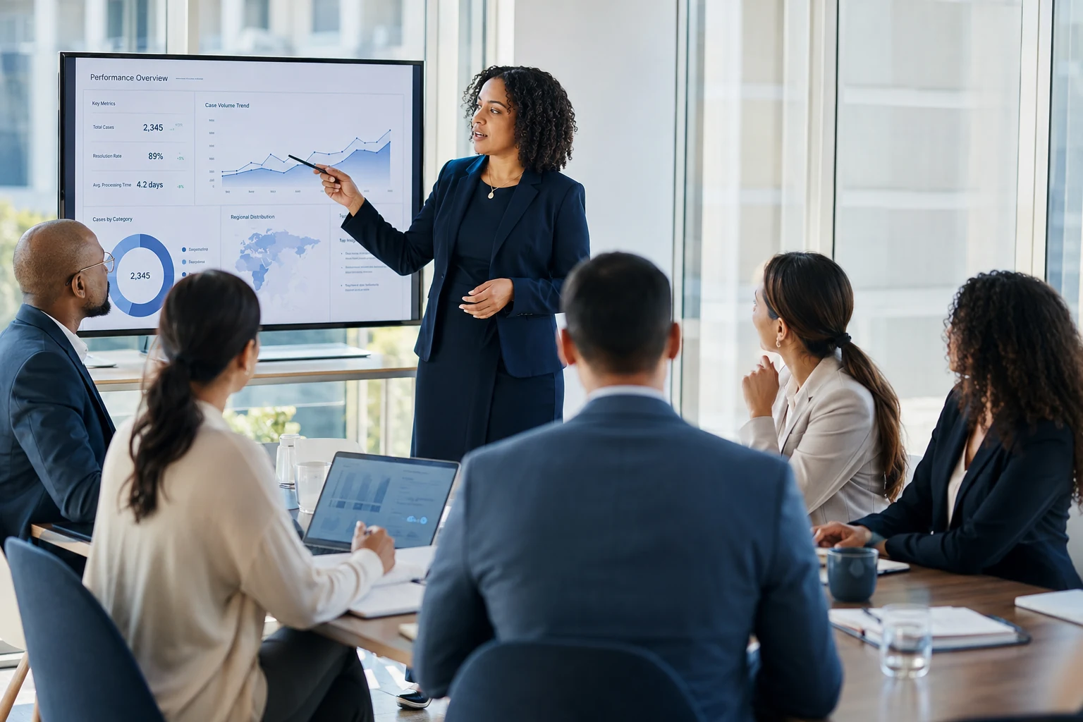 Réunion professionnelle autour d’un tableau de bord d’aide à la décision publique
