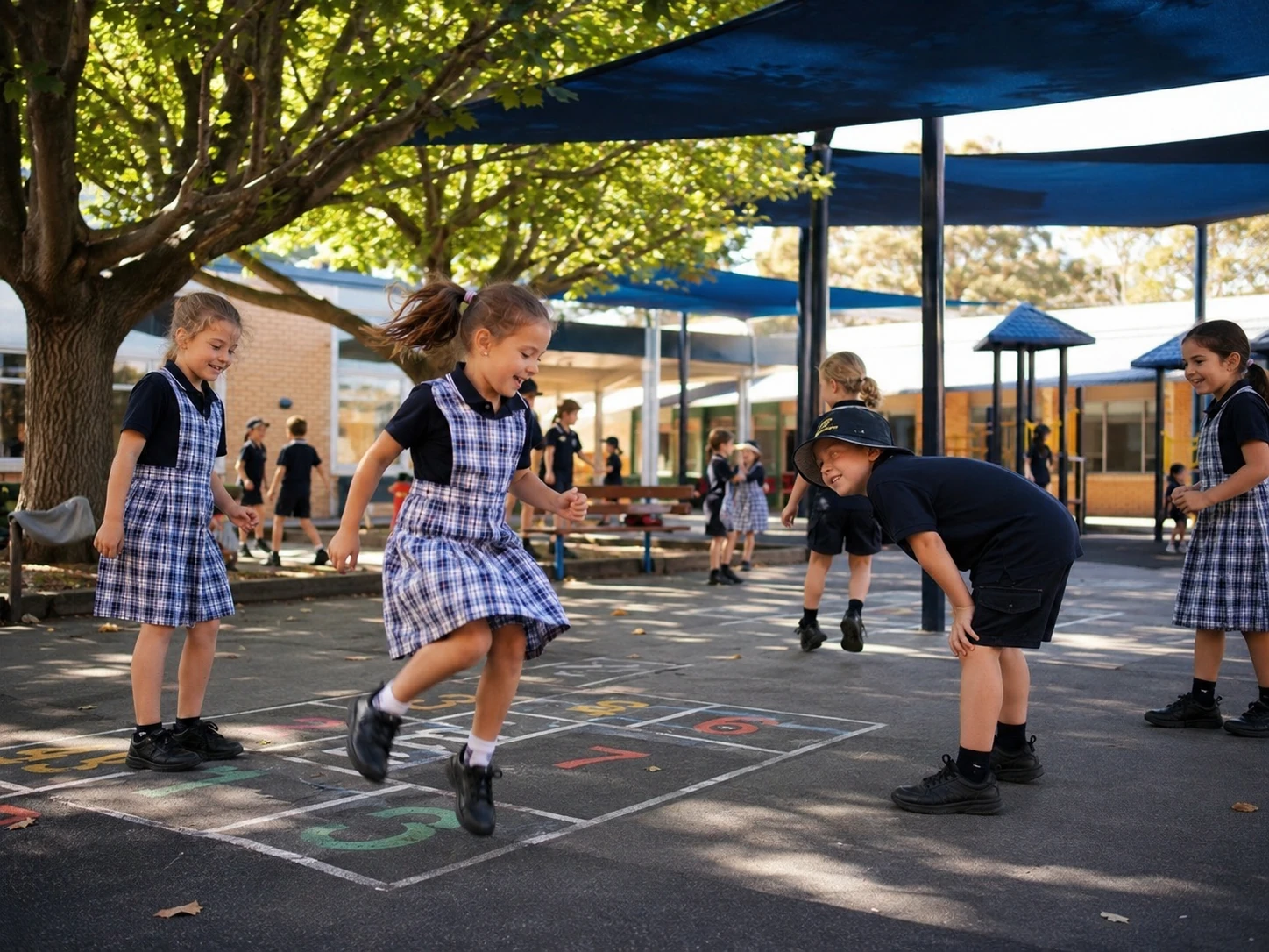 Enfants jouant dans une cour d’école ombragée