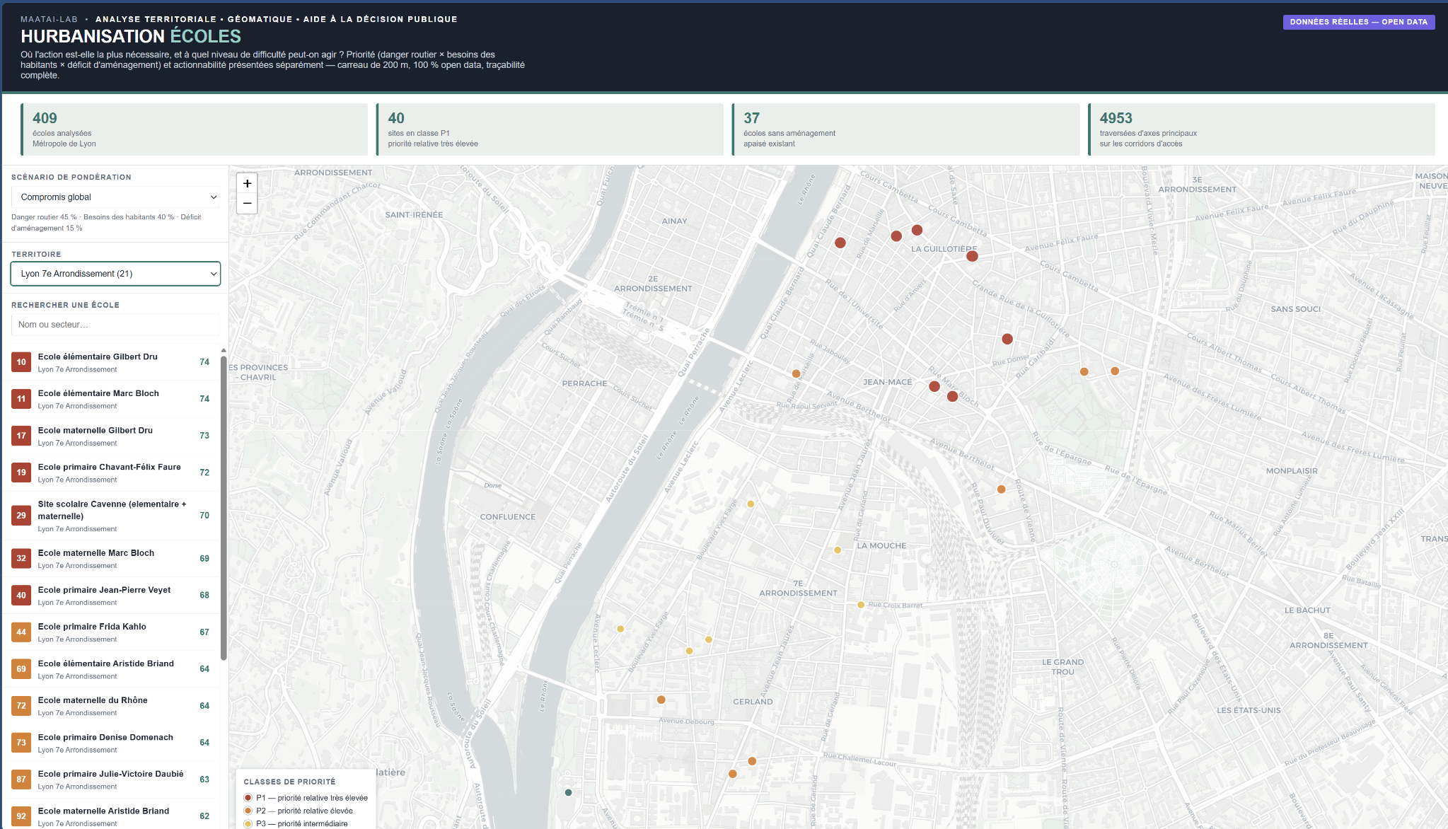 Interface ECODIT filtrée sur Lyon 7e arrondissement avec carte et liste locale de sites scolaires