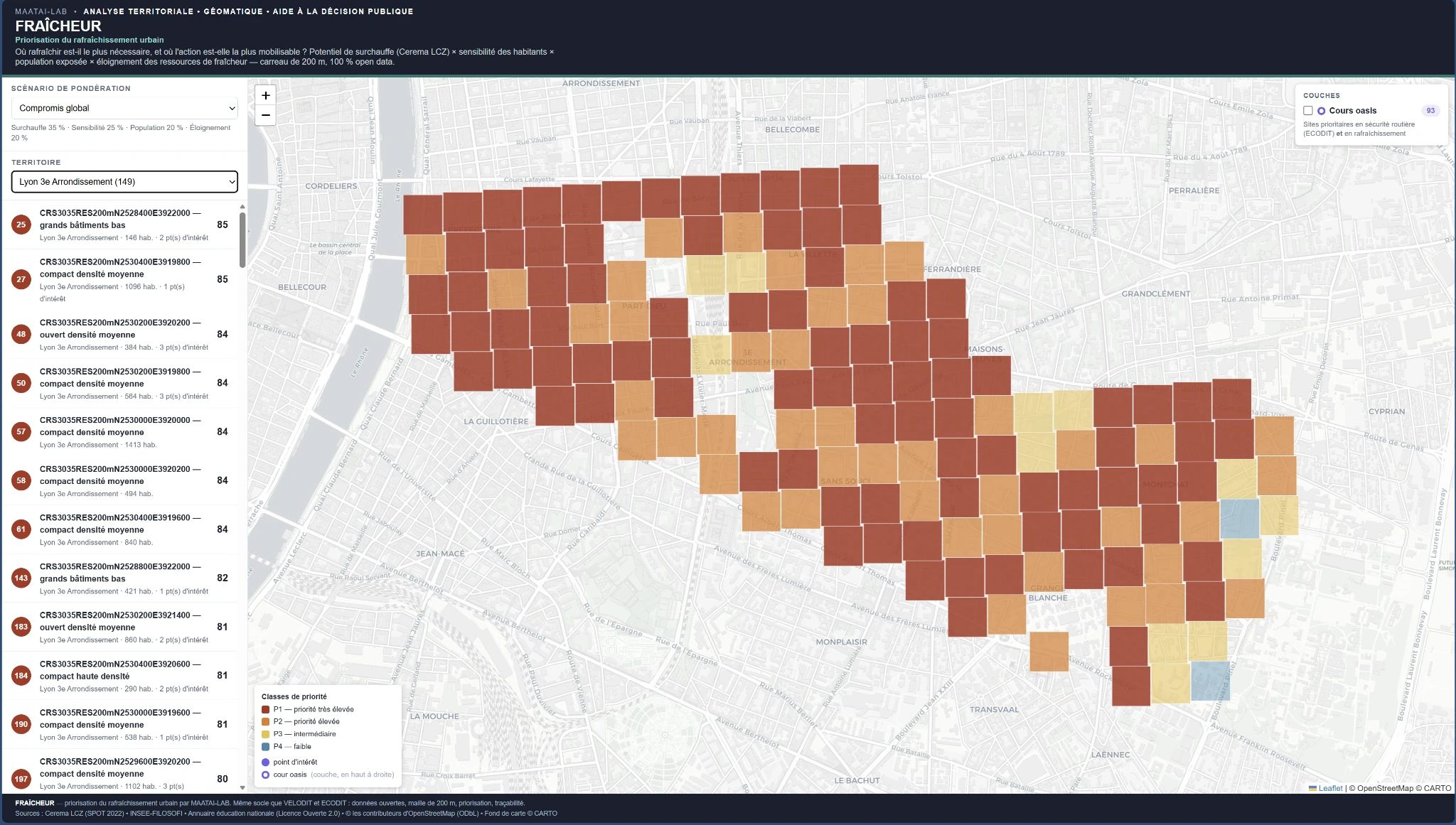 Interface FRAÎCHEUR filtrée sur un arrondissement avec carreaux de priorité et liste des secteurs