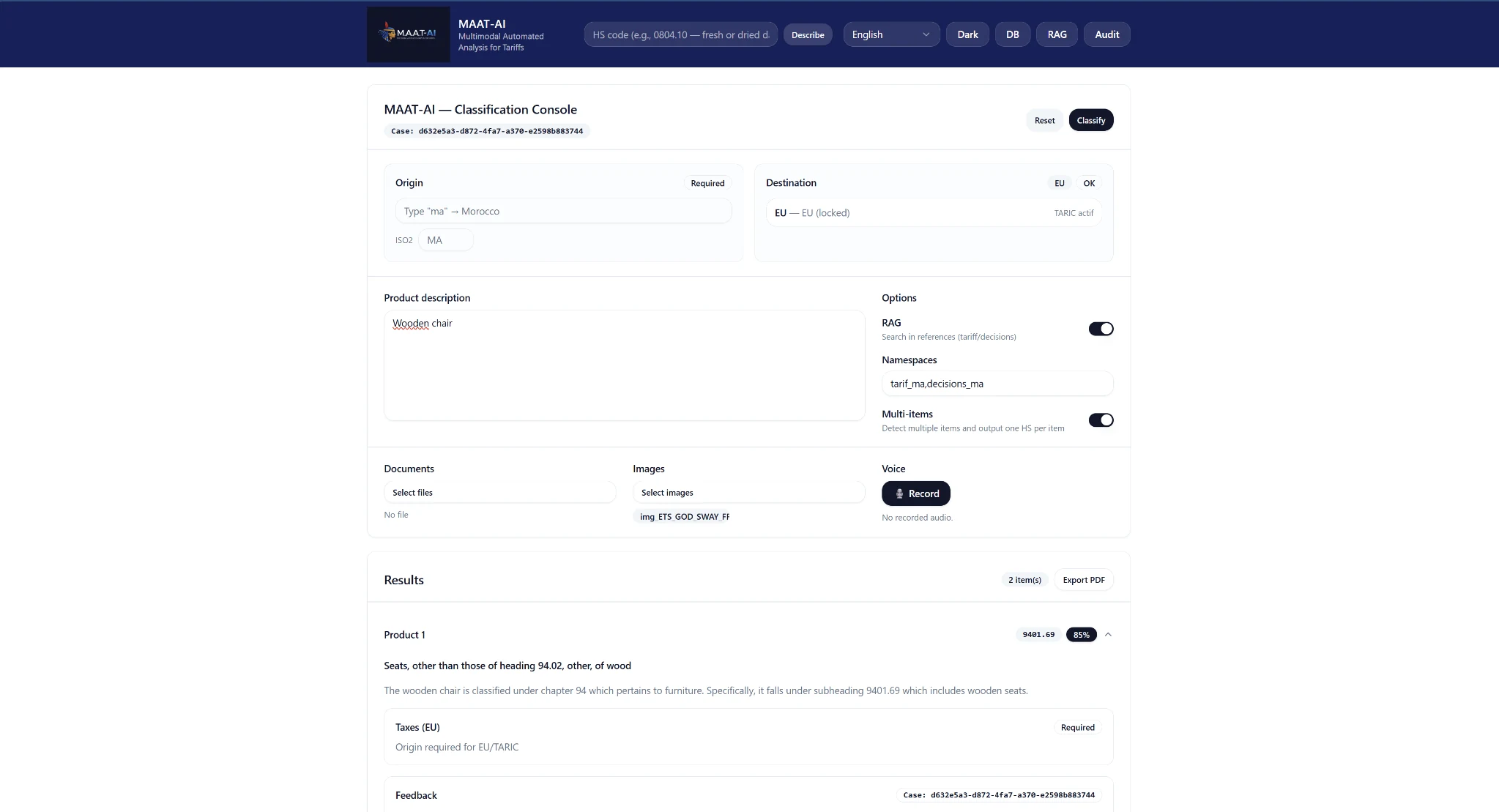 English MAATAI Nomen interface with product description, documents, images, RAG options and HS classification result