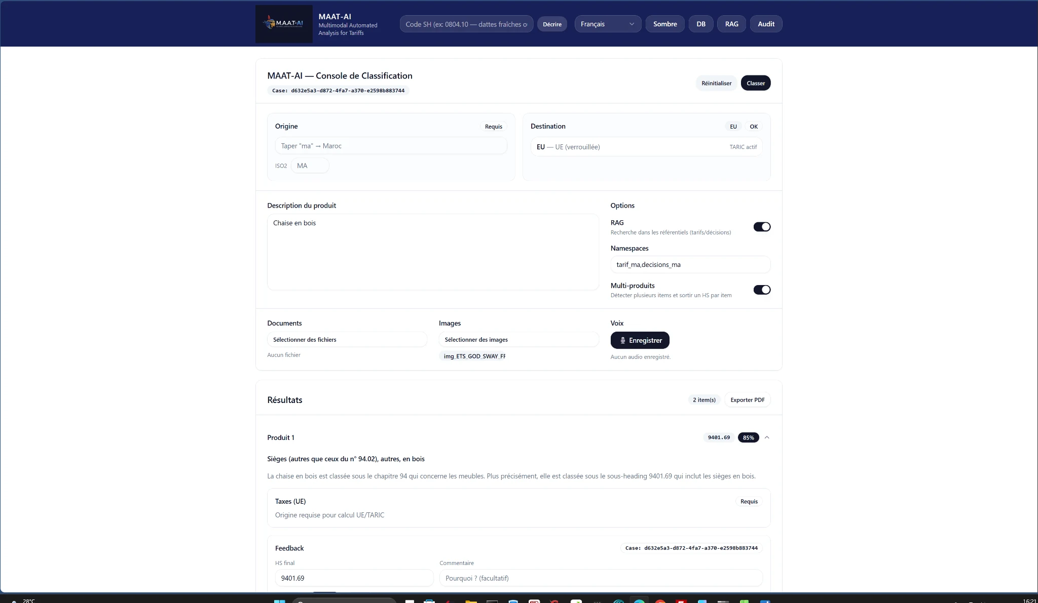Interface française de MAATAI Nomen avec description produit, documents, images, options RAG et résultat de classification SH