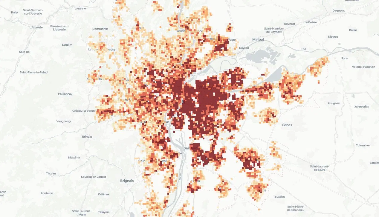 Carte VELODIT de la Métropole de Lyon montrant l'intensité spatiale des besoins d'investissement cyclable