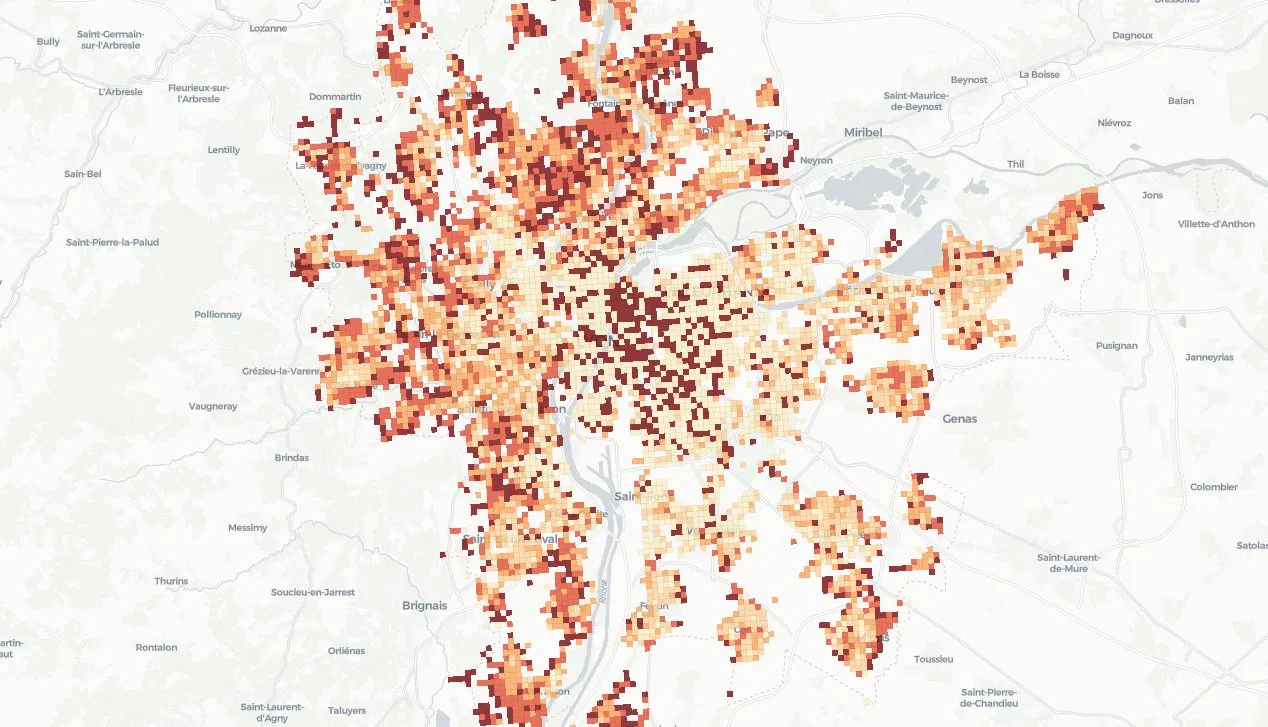 Carte VELODIT montrant une répartition spatiale contrastée des cellules prioritaires sur Lyon